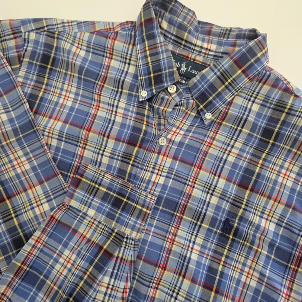 Ralph Lauren Button Down Blue Plaid Custom Fit Cotton Mens Large